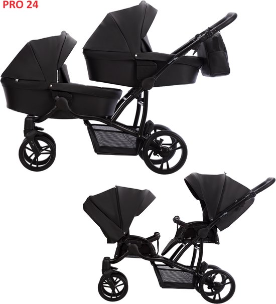 Bebetto 42 PRO Duowagen - Eco Leer bekleding - Tweeling kinderwagen Eco leather - duo buggy 2 in 1 (2 wiegen + 2 zitjes) Black 04 van bebe