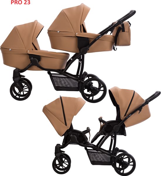 Bebetto 42 PRO Duowagen - Eco Leer bekleding - Tweeling kinderwagen Eco leather - duo buggy leder 2 in 1 (2 wiegen + 2 zitjes) Bruin 03 van bebe