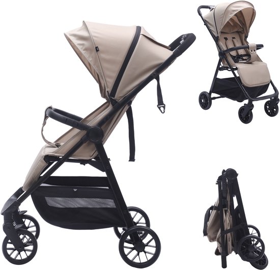 Bebies First Buggy MIO - Lichtgewicht Opvouwbare buggy- 5 Verstelbare Standen - Zwenkwielen, Zonnekap & Boodschappenmand - Geschikt vanaf 6 Maanden tot 22 kg - Beige