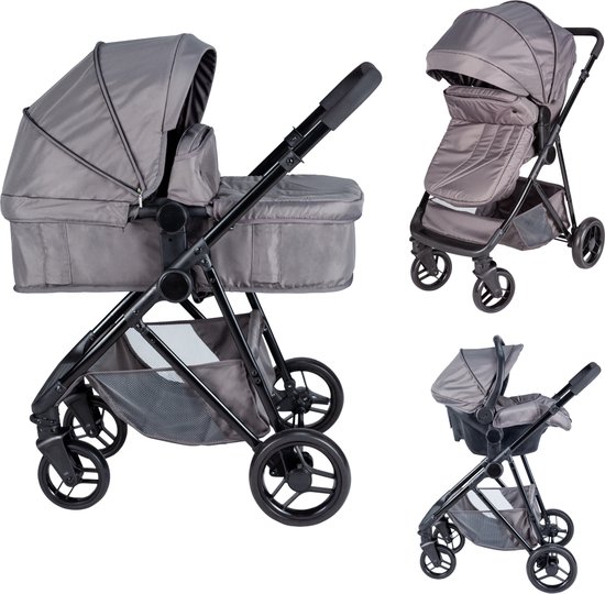 Bebies First Combi 3 in 1 Kinderwagen Optima- Grijs - Inc. Reiswieg, Zitting & Autostoel van Bebies First
