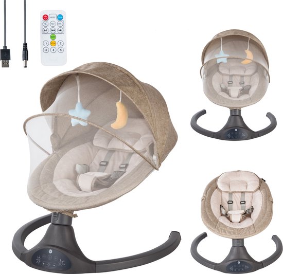 Bebies First Elektrische Wipstoel/ Schommelstoel Met Bluetoothfunctie Relax Met Kap & Speelboog - Beige van Bebies First
