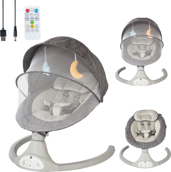 Bebies First Elektrische Wipstoel/ Schommelstoel Met Bluetoothfunctie Relax Met Kap & Speelboog - Grijs van Bebies First