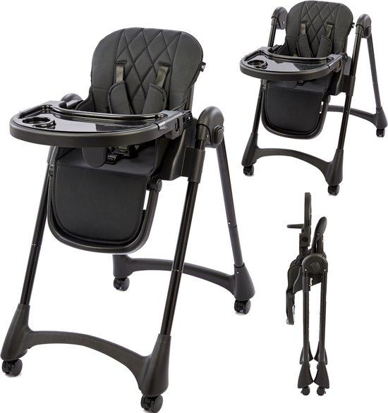 Bebies First Inklapbare Kinderstoel/ Peuterstoel - Compact Inklapbaar & meerdere Standen - Inclusief 5-puntsgordel & Afneembaar Eetblad - Zwart van Bebies First