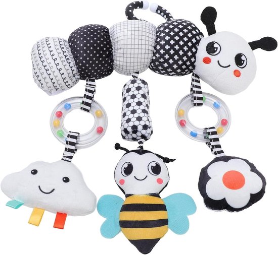 Bedhangspeeltje - Pluche dier - Baby entertainment - Zachte pluche stof - 25 cm lengte - Zwart-wit