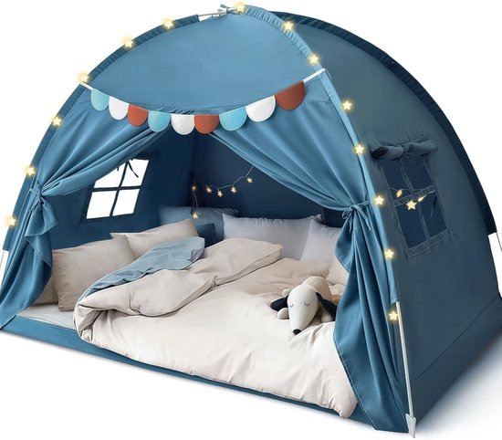 Bedtent voor Kinderen - Droom Privé Speeltent voor op het Bed & Vloer - Inclusief Sterrenverlichting & Vlaggenlijn - 195x100x120 cm - Blauw