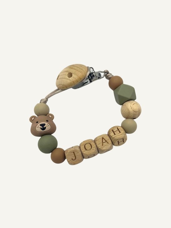 Beebs 'n Beads - Speenkoord met naam - Beertje - Bruin | Groen | Hout - Kraamcadeau van Beebs 'n Beads