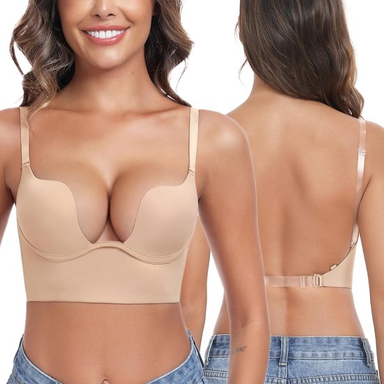 Beha voor dames, open rug, diepe U-hals, push-up beha met beugel, lage rug, multiway-bandjes, beige, 75B