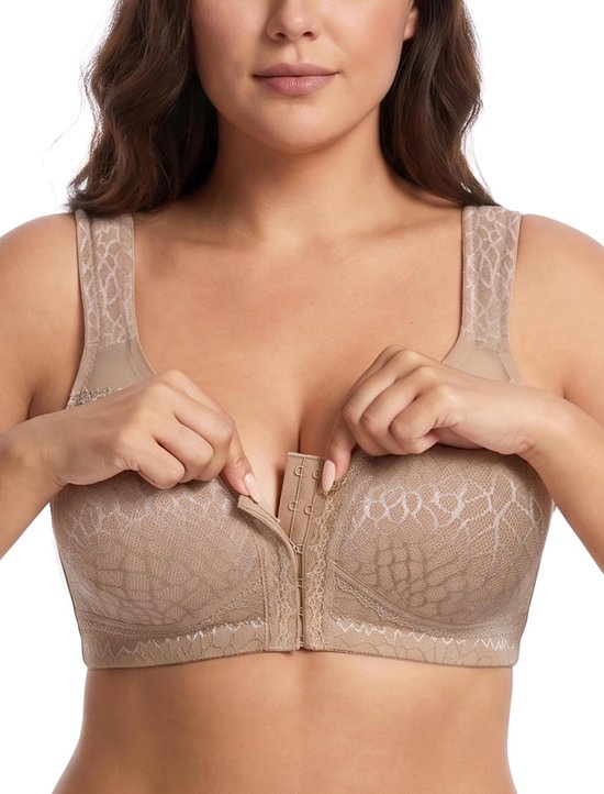 Beha voor dames, zonder beugel, minimizer, comfort, grote borsten, sterke grip, voorsluiting, rugsteun, ongevuld, beugelloze ontlasting, klassieke beha, toffee, 80F