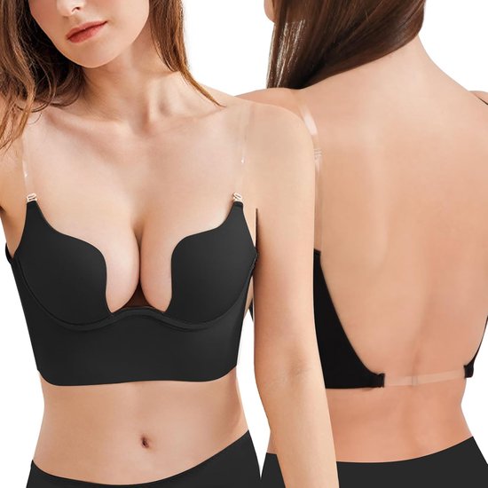 Beha's met lage rug voor vrouwen, plunge push-up beha met doorzichtige bandjes, diepe V laag uitgesneden converteerbare beugel gewatteerde beha