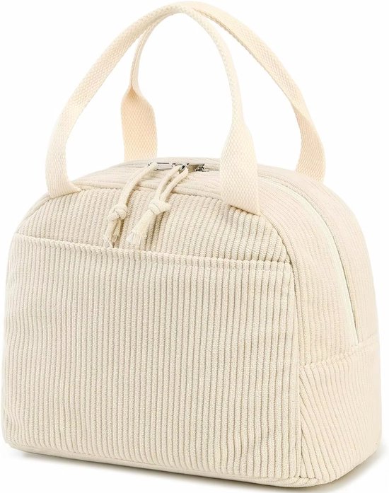 Beige Corduroy Geïsoleerde Lunchtas 25×20×15 cm – Warmhoudtas met Voorvak – Koeltas - Thermotas - Waterafstotend & Aluminium Binnenkant – Voor Baby, Kind & Volwassenen van Merkloos