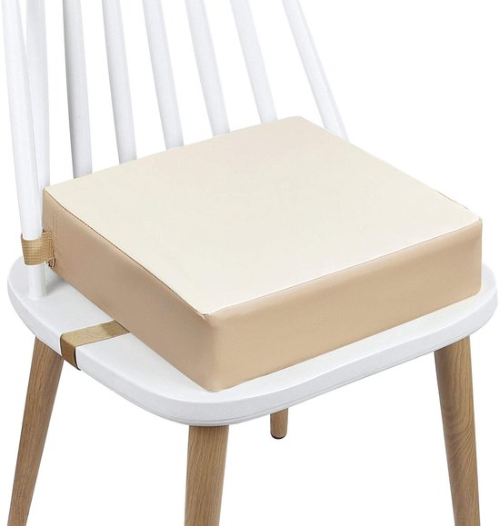 Beige Stoelverhoger voor Kinderen – Verhoogd Kinderzitkussen 32×32×8 cm – Vanaf 3 Jaar – Verstelbare Bevestigingsriemen – Afneembare & Wasbare Hoes – Ideaal voor Eettafel & Restaurant van Merkloos