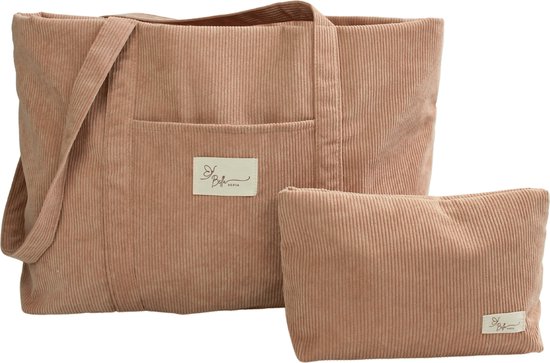 Bella Sofia Dames Schoudertas - Beige Ribstof Mom Bag met Toilettas - Veelzijdige Shopper en Luiertas met Rits van Bella