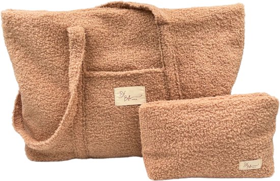 Bella Sofia® Dames Schoudertas - Beige Teddy Stof Mom Bag met Toilettas - Veelzijdige Shopper en Luiertas met Rits van Bella Sofia®