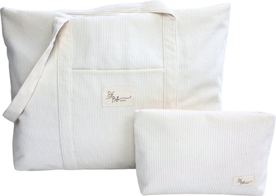 Bella Sofia Dames Schoudertas - Crème Ribstof Mom Bag met Toilettas - Veelzijdige Shopper en Luiertas met Rits van Bella