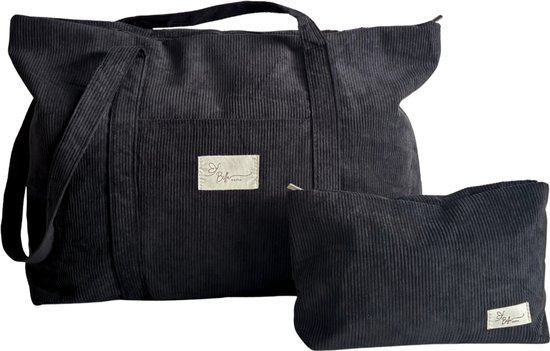 Bella Sofia® Dames Schoudertas - Zwarte Ribstof Mom Bag met Toilettas - Veelzijdige Shopper en Luiertas met Rits van Merkloos