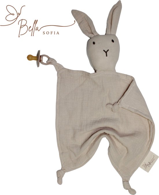 Bella Sofia® - Soof het Knuffelkonijn - Knuffeldoekje Beige - Biologisch Katoenen Hydrofiel Speendoekje - Perfect Kraamcadeau - Babyshower Cadeau - Veilig Baby Speelgoed
