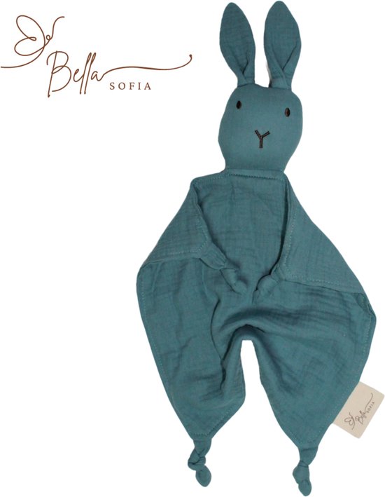 Bella Sofia® - Soof het Knuffelkonijn – Knuffeldoekje Blauw – Biologisch Katoenen Hydrofiel Speendoekje – Perfect Kraamcadeau – Babyshower Cadeau – Veilig Baby Speelgoed van Bella Sofia®