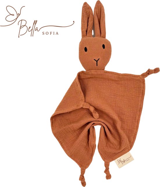 Bella Sofia® - Soof het Knuffelkonijn – Knuffeldoekje Bruin – Biologisch Katoenen Hydrofiel Speendoekje – Perfect Kraamcadeau – Babyshower Cadeau – Veilig Baby Speelgoed van Bella Sofia®