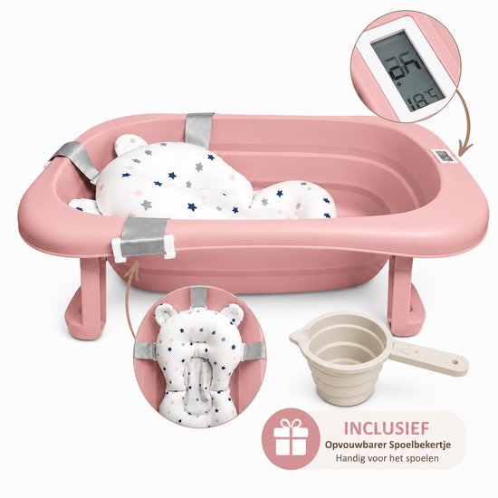 Bellettini® Opvouwbaar Baby Bad inclusief Spoelbeker & Kussen - Babybad Met ingebouwde Temperatuur - Peuterbad - Oud Roze