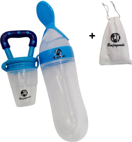 BenjaGoods Baby knijpfles en fruitspeen - Baby flessen - speen - Baby bestek - Knijpfles - Lepel - fruitspeen - Blauw van BenjaGoods