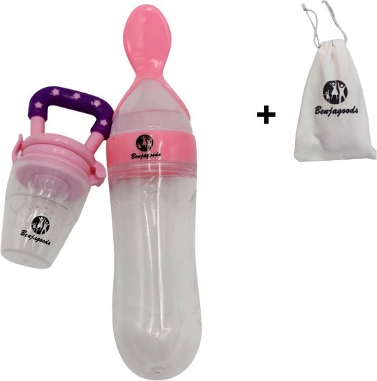 BenjaGoods Baby knijpfles en fruitspeen - Baby flessen - speen - Baby bestek - Knijpfles - Lepel - fruitspeen - Roze - Paars van BenjaGoods