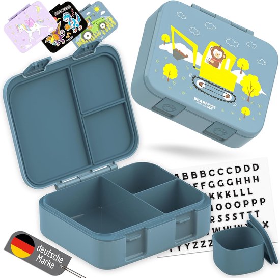 Bento Box Kinderen - Broodtrommel Lekvrij - School Lunch - Met Sticker Set - 1000ml - Graafmachine Blauw