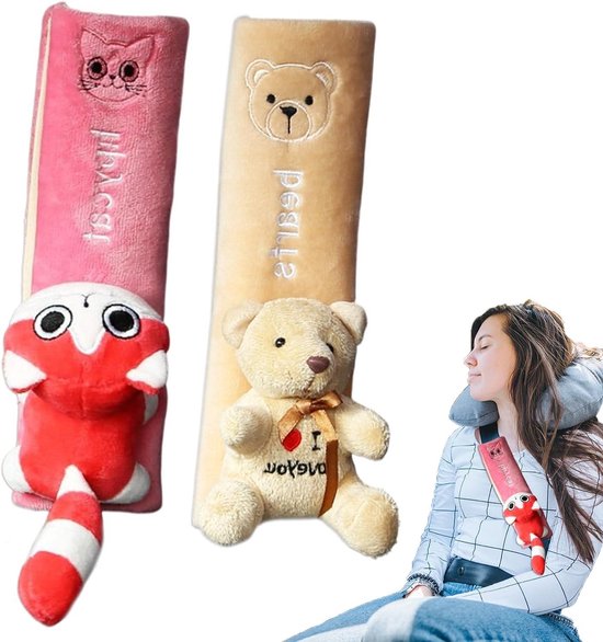 Beschermers autogordel kinderen cartoon - 2 stuks set zachte gordelriemhoes - peuters - universele maat - schouderbescherming auto reis - beige roze - veiligheid onderweg. van Merkloos