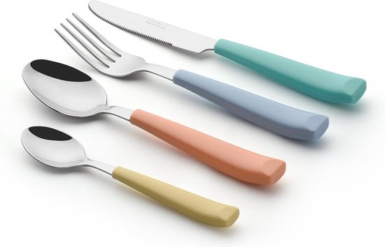 Bestekset 24 stuks gekleurd - roestvrij staal met levendig gekleurde plastic brede handgrepen - comfortabel vast te houden - 6 x vorken, 6 x dinermessen, 6 x eetlepels, 6 x theelepels van Dynamic24