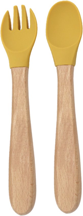 Besteksetje (Mango) – Lepel & Vork – Siliconen - Hout - Baby - Vanaf 6 maanden van Kleine Giraf