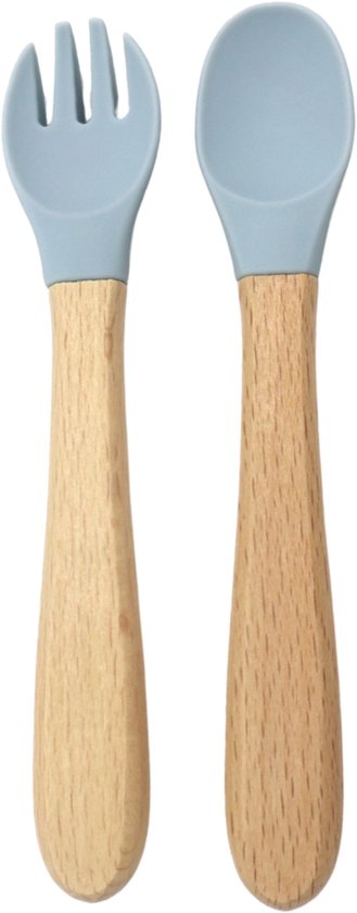 Besteksetje (Poeder Blauw) – Lepel & Vork – Siliconen - Hout - Baby - Vanaf 6 maanden van KALUZA™️