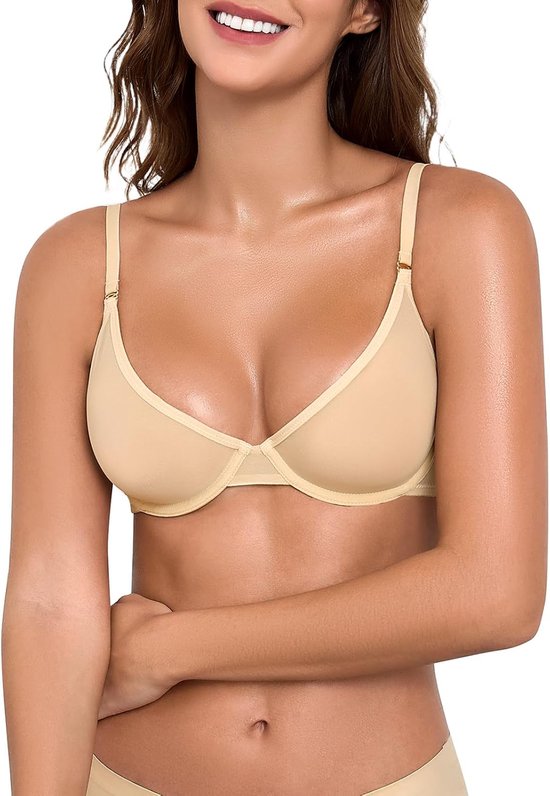 Beugelbeha voor dames, transparante beha, naadloos mesh, sexy, V-hals, push-up, onzichtbaar, beha, comfort, klassiek, ademend, verstelbare bandjes
