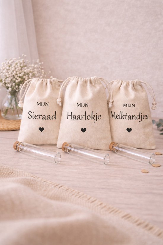 Bewaarzakjes set: Melktandjes, haarlokje en sieraad - cadeau voor babyshower of kraamcadeau