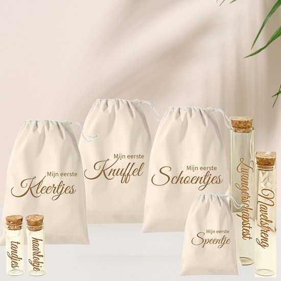 Bewaarzakken set 8 delig | bewaarzakken | bewaarbuisjes | Mijn eerste schoentjes | mijn eerste kleertjes | mijn eerste knuffel | mijn eerste speentje | zwangerschaptest | navelstreng | haarlokje | tandjes van Kidooz.