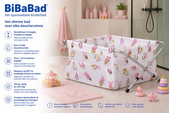 BiBaBad® Opvouwbaar Kinderbad 70-90 cm - Verstelbaar Douchebad - Babybad - Bad voor Douche - Anti-slip - Aluminium Frame - Princess van BiBaBad
