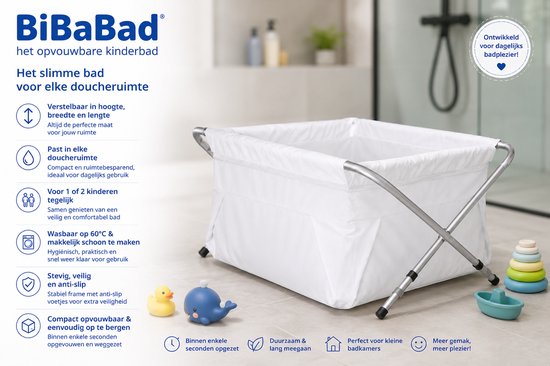 BiBaBad® Opvouwbaar Kinderbad 70-90 cm | Verstelbaar Douchebad | Babybad | Bad voor Douche | Anti-slip | Aluminium Frame | Wit