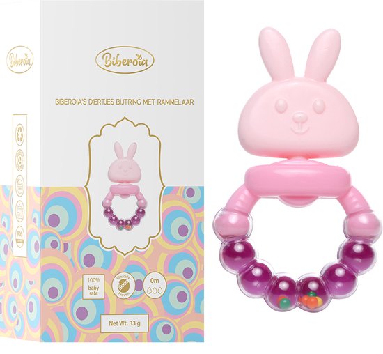 Biberoia® Bijtring met rammelaar - Bijtring - Baby speelgoed – Babycadeau - Baby - Cadeau - Kraamcadeau - Babyshower - Roze van Biberoia
