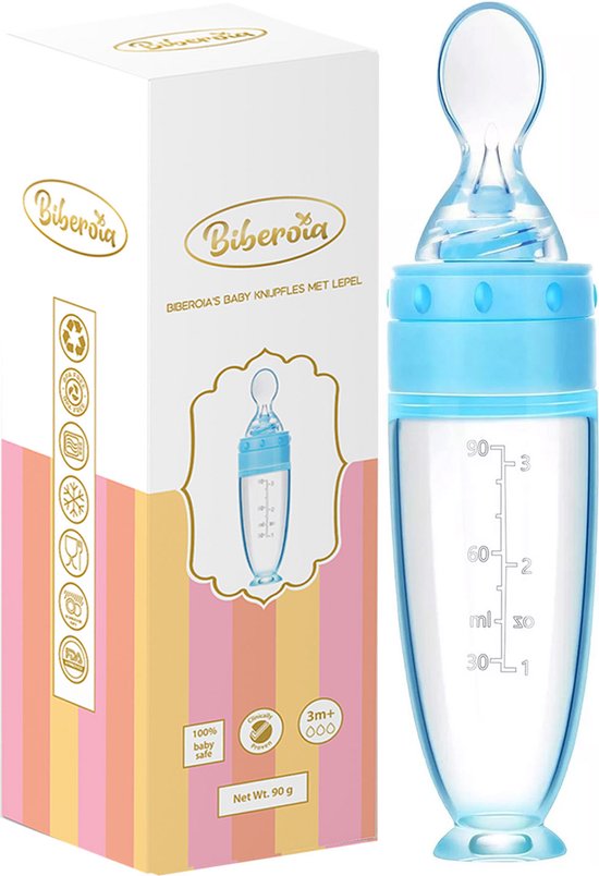 Biberoia® Knijpfles met lepel - Drinkfles - Baby / Kinderbestek - Kraamcadeau - Babyshower - Blauw van Merkloos