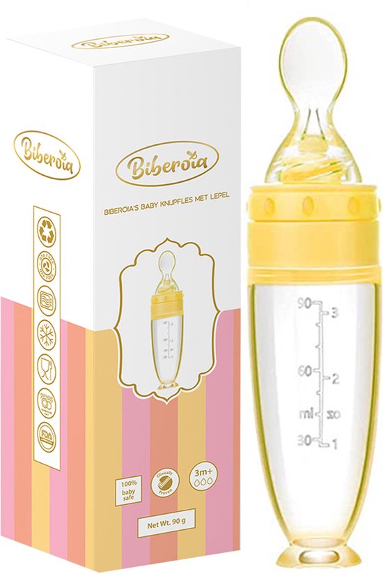 Biberoia® Knijpfles met lepel – Drinkfles - Baby / Kinderbestek - Kraamcadeau – Babyshower – Geel van Biberoia