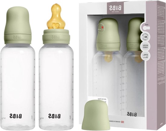 BIBS baby bottle 270ml Latex teat pack of 2 - Anti-colic, BPA free, round teat, light weight and easy to clean, suitable for newborn babies 0+ years - Sage