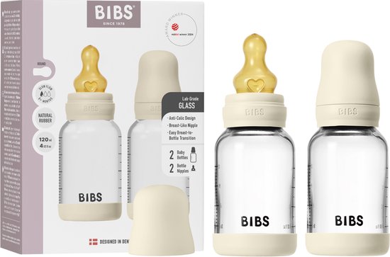 BIBS Baby Glass Bottle. 2 stuks. Tegen kolieken. Ronde speen van natuurlijk rubberlatex. Ondersteunt natuurlijke borstvoeding, Complete Set - 120 ml (Pack of 2), Ivory