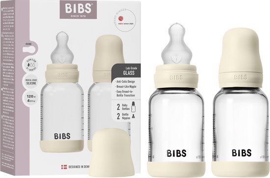 BIBS Baby Glass Bottle. 2 stuks. Tegen kolieken. Ronde speen van siliconen. Ondersteunt natuurlijke borstvoeding, Complete Set - 120 ml (Pack of 2), Ivory