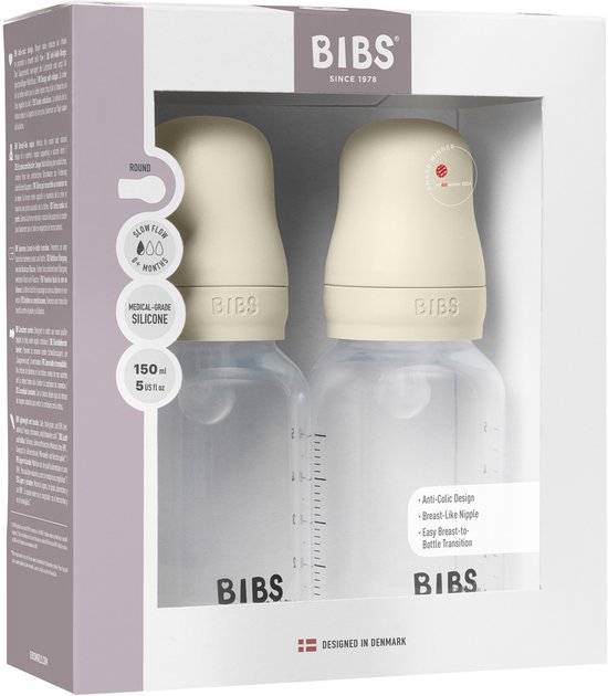 BIBS babyfles 150 ml siliconen speen verpakking 2 stuks - Anti-koliek, BPA-vrij, ronde speen, langzame stroom , licht gewicht en makkelijk te reinigen, geschikt voor pasgeboren baby's 0+ jaar - Ivory