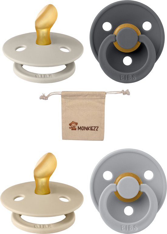Bibs Blister Dental| Met Monkiezz Speenzakje - maat 1 0-6 maanden - 4 stuks - Iron - Sand -Vanilla - Cloud - Orthodontisch van Bibs