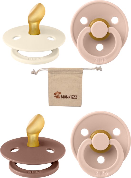 Bibs Blister | Met Monkiezz Speenzakje - maat 2 6-18 maanden - 4 stuks - Ivory - Blush -Woodchcuk - Blush van Bibs