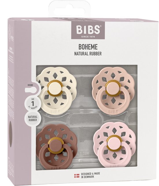 BiBs Boheme Fopspeen - Rond - 4 Stuks - 0-6 Mnd - Ivory/Blush/Woodchuck/Blossom van Merkloos