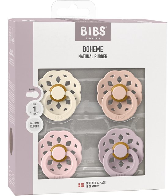 BiBs Boheme Fopspeen - Rond - 4 Stuks - 6-18 Mnd - Ivory/Blush/Blossom/Dusky Lilac van Merkloos