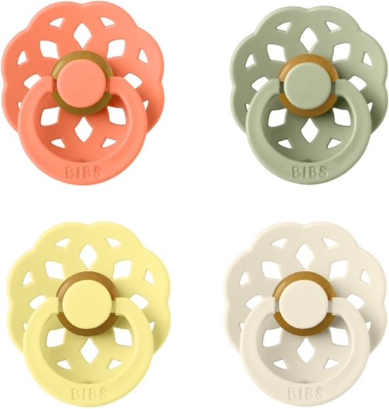 BIBS Boheme Fopspeen set 4 stuks Sunshine, Peach, Ivory en Kaki 0-6 maanden maat 1 van BIBS