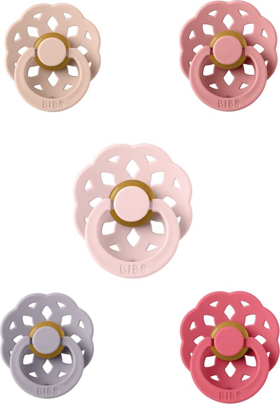 BIBS Boheme Fopspeen set 5 stuks 0-6 maanden Coral,Dusty Pink,Blossom,Blush en Fossil Grey maat 1 van Bibs