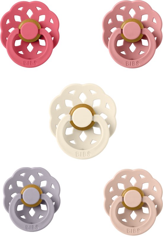BIBS Boheme Fopspeen set 5 stuks Coral,Dusty Pin,Blossom,Blush en Ivory 0-6 maanden maat 1 van Bibs