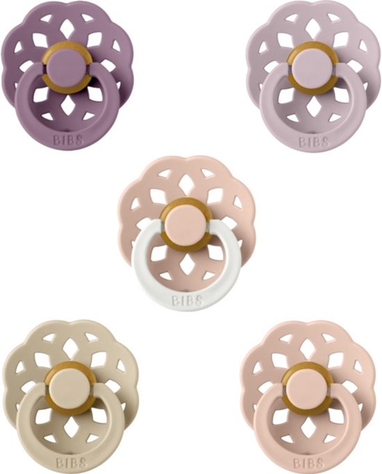 BIBS Boheme Fopspeen set 5 stuks Dusky Lilac,Dusty Blue,Blush,Vanilla en Night Glow Blush 0-6 maanden maat 1 van Merkloos